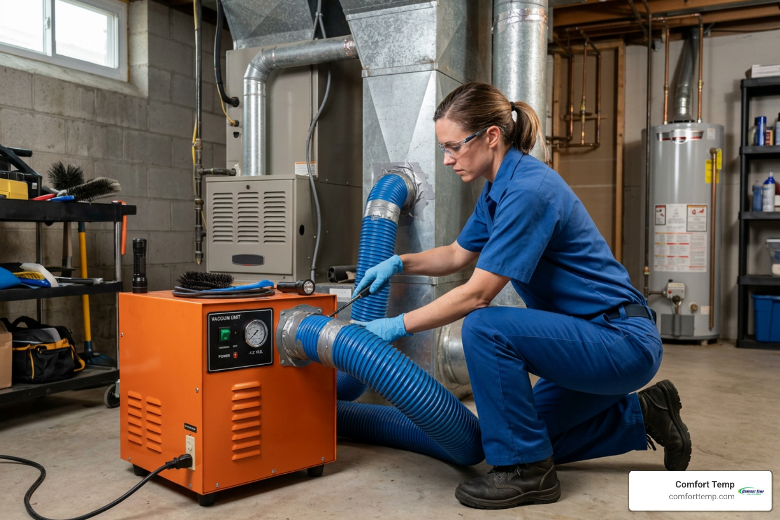 Professional technician in a blue uniform using negative pressure vacuum equipment on a residential ventilation system Professional technician in a blue uniform using negative pressure vacuum equipment on a residential ventilation system
