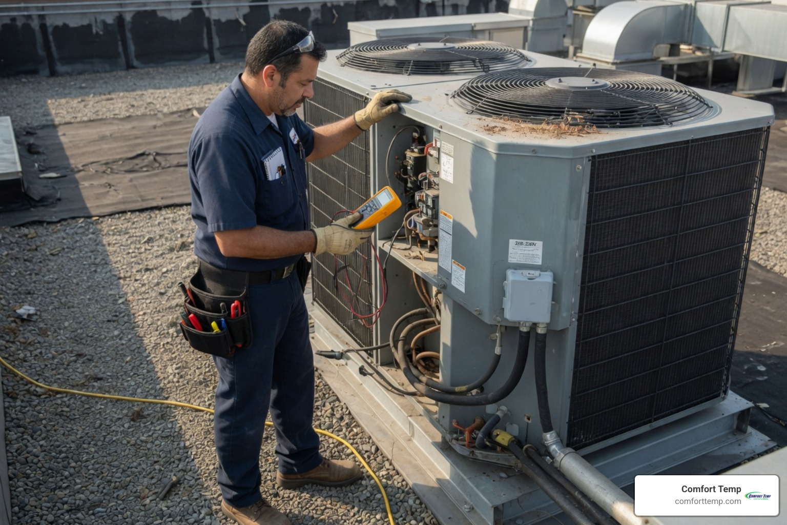 HVAC technician in blue uniform inspecting a commercial AC unit HVAC technician in blue uniform inspecting a commercial AC unit