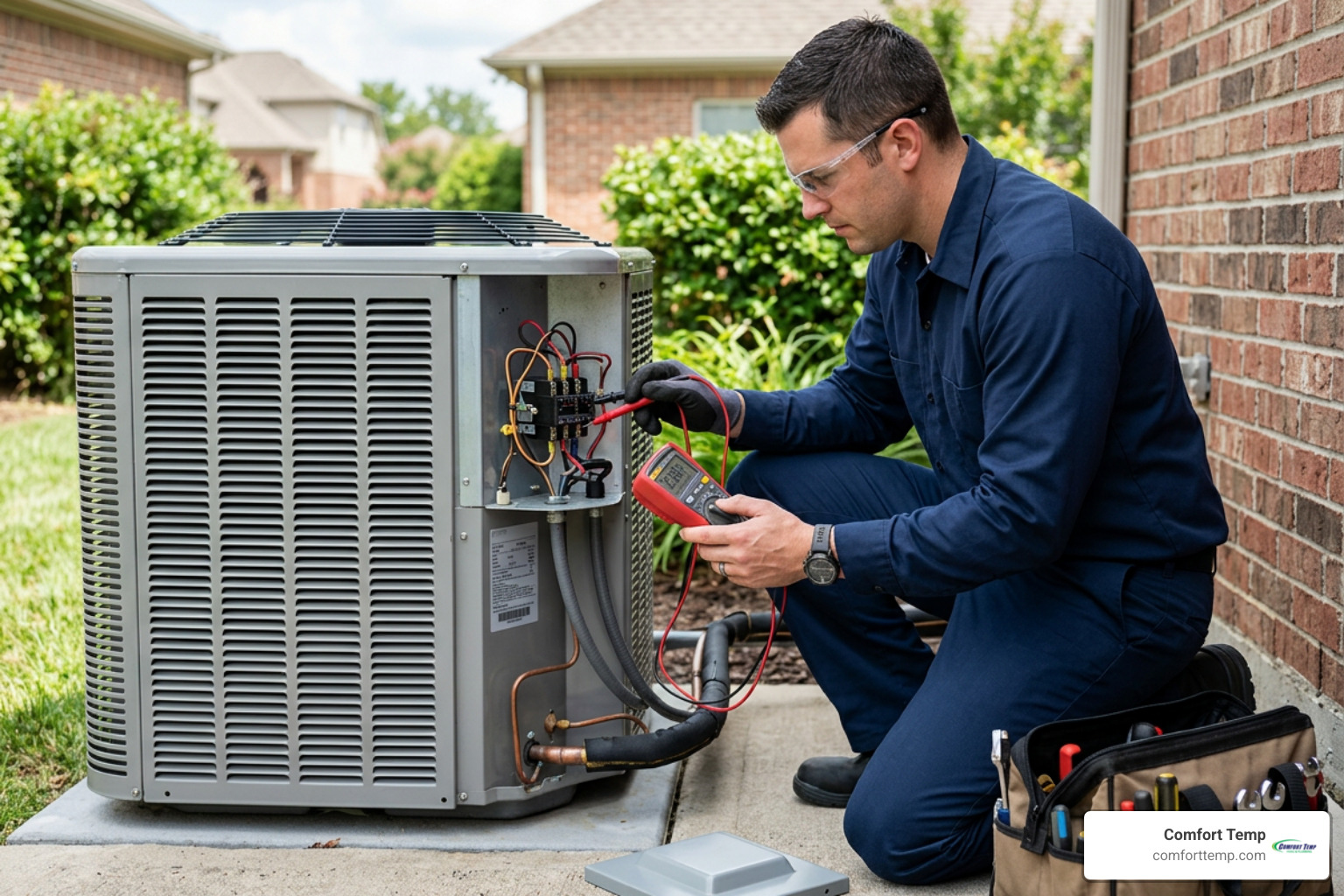 An HVAC technician in a blue uniform with no logo testing electrical components with a multimeter An HVAC technician in a blue uniform with no logo testing electrical components with a multimeter