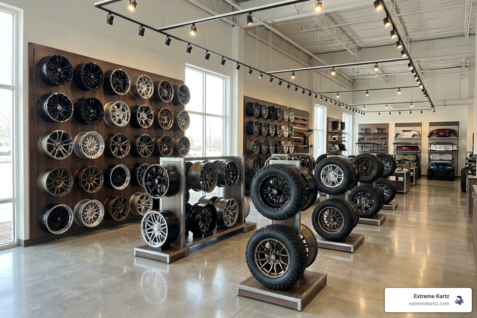showroom full of different golf cart wheels on display showroom full of different golf cart wheels on display