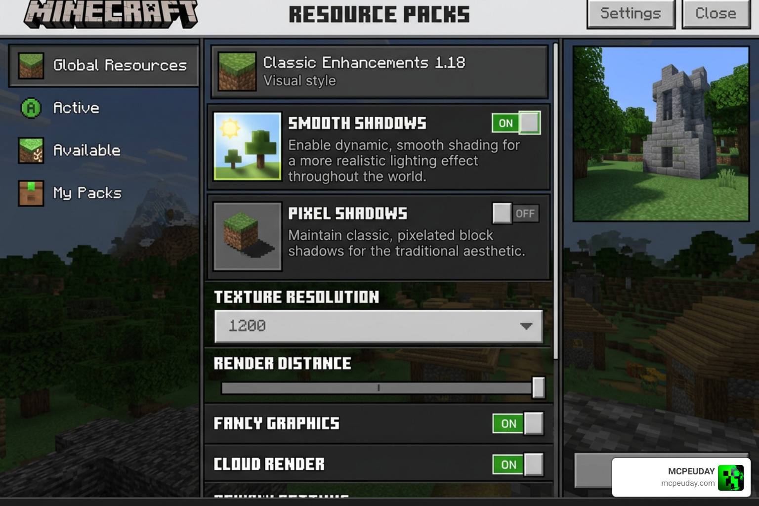 The in-game subpack settings menu showing the toggle between smooth and pixel shadows The in-game subpack settings menu showing the toggle between smooth and pixel shadows