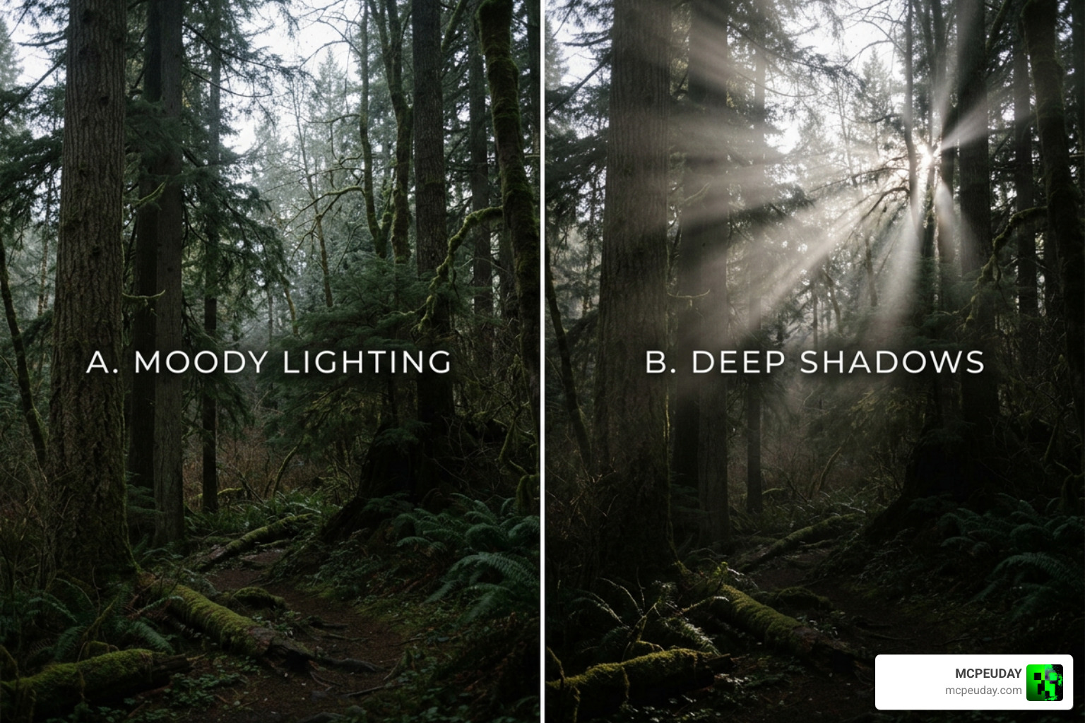 A comparison of moody lighting and deep shadows in a dark forest biome A comparison of moody lighting and deep shadows in a dark forest biome