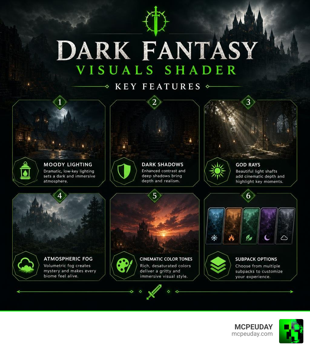 Dark Fantasy Visuals Shader key features infographic: moody lighting, dark shadows, god rays, atmospheric fog, cinematic Dark Fantasy Visuals Shader key features infographic: moody lighting, dark shadows, god rays, atmospheric fog, cinematic