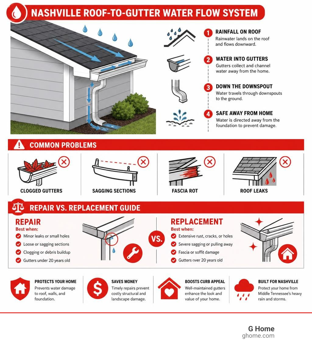 Infographic showing Nashville roof-to-gutter water flow system, common problems, and repair vs replacement guide infographic
