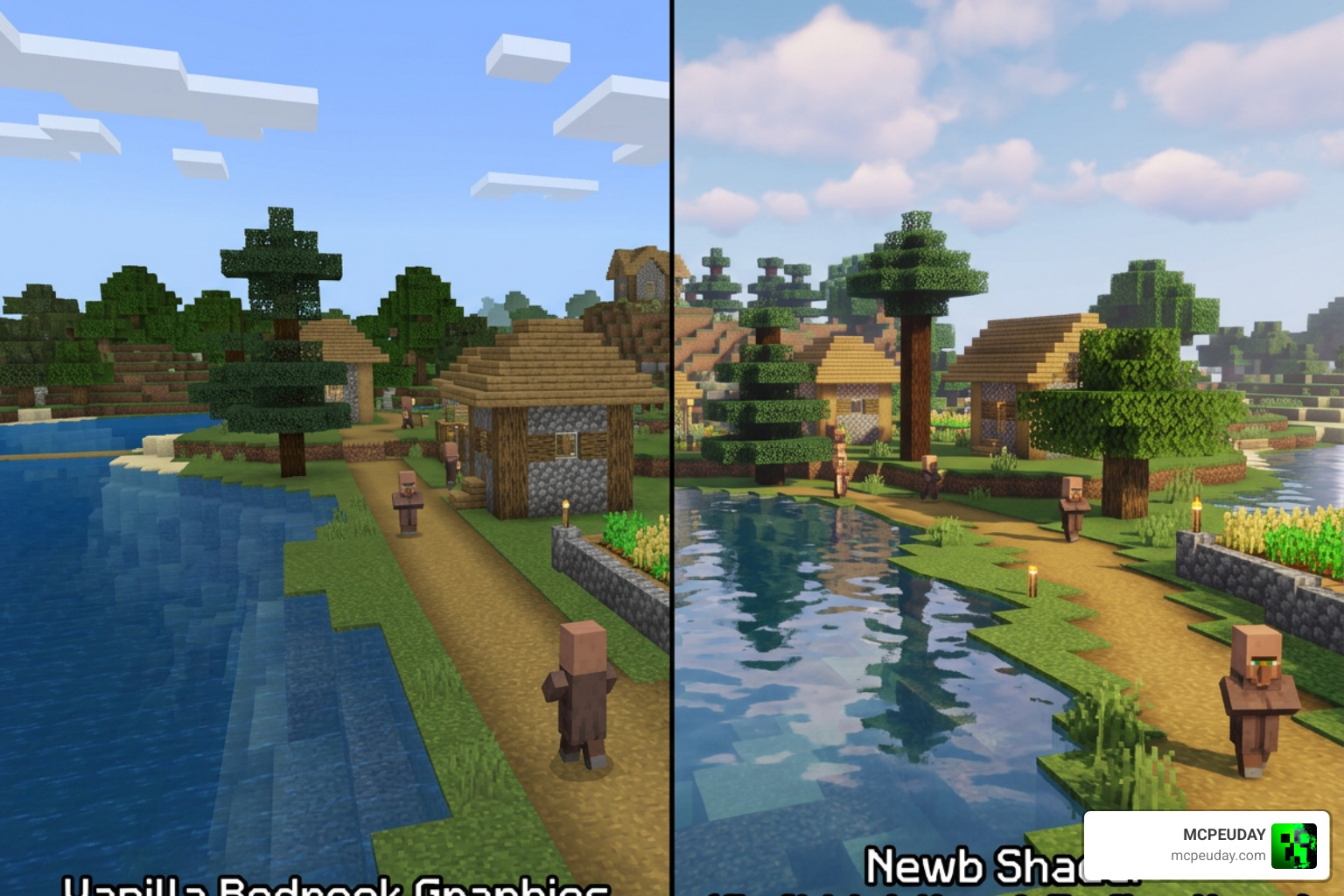 Vanilla Bedrock compared to Newb Shader soft lighting and reflections