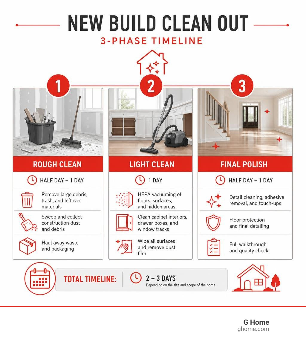 Infographic showing the three-phase timeline of a new build clean out with tasks and timing for each stage infographic Infographic showing the three-phase timeline of a new build clean out with tasks and timing for each stage infographic