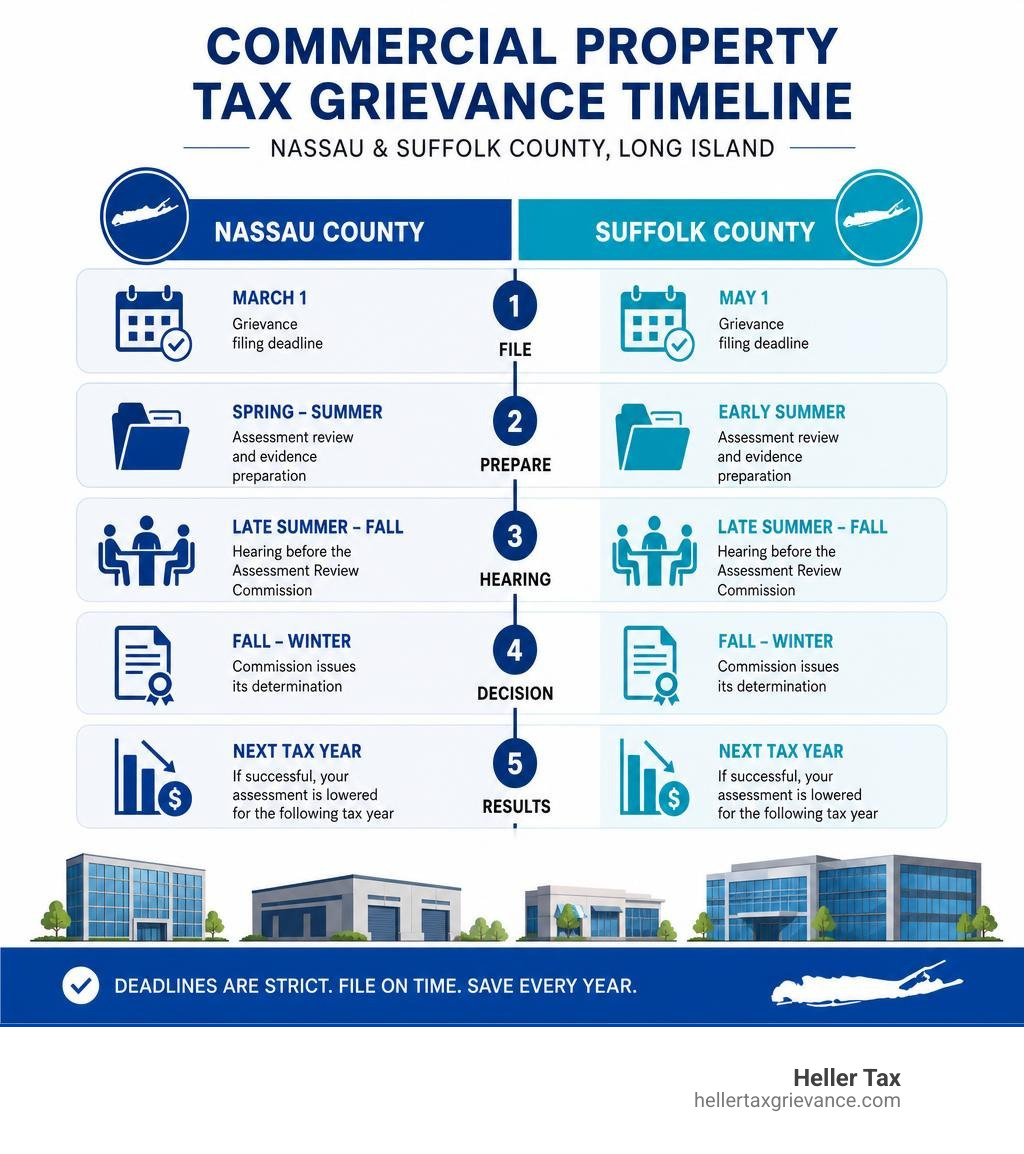 Commercial property tax grievance timeline infographic for Nassau and Suffolk County Long Island infographic Commercial property tax grievance timeline infographic for Nassau and Suffolk County Long Island infographic
