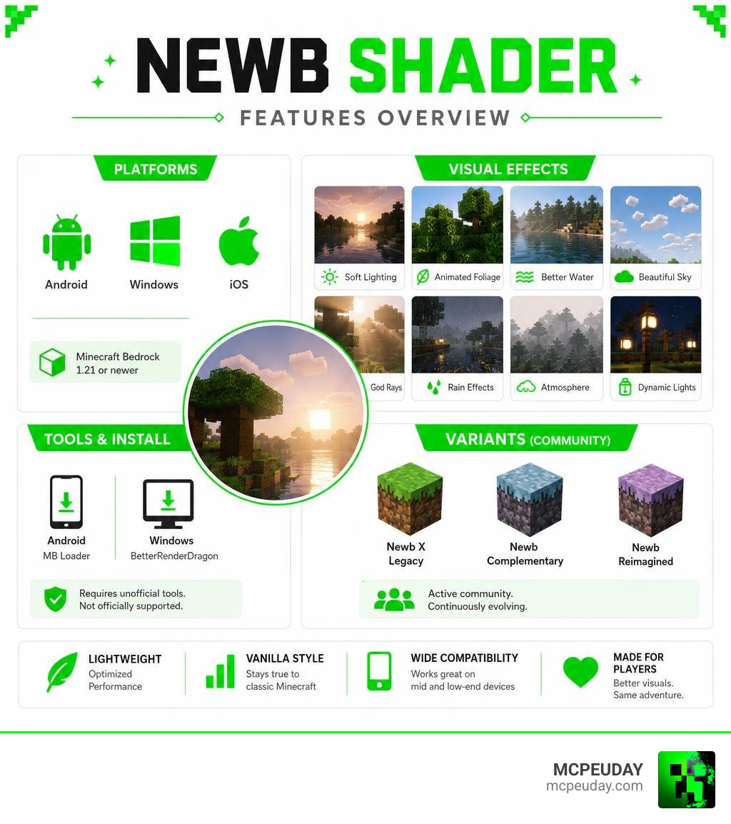 Newb Shader features overview infographic: platforms, visual effects, tools, and variants infographic