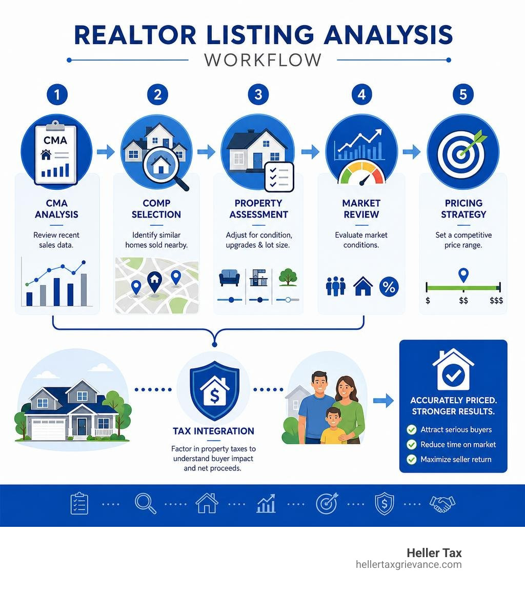 Realtor listing analysis workflow infographic showing CMA steps, comp selection, pricing strategy, and tax integration Realtor listing analysis workflow infographic showing CMA steps, comp selection, pricing strategy, and tax integration