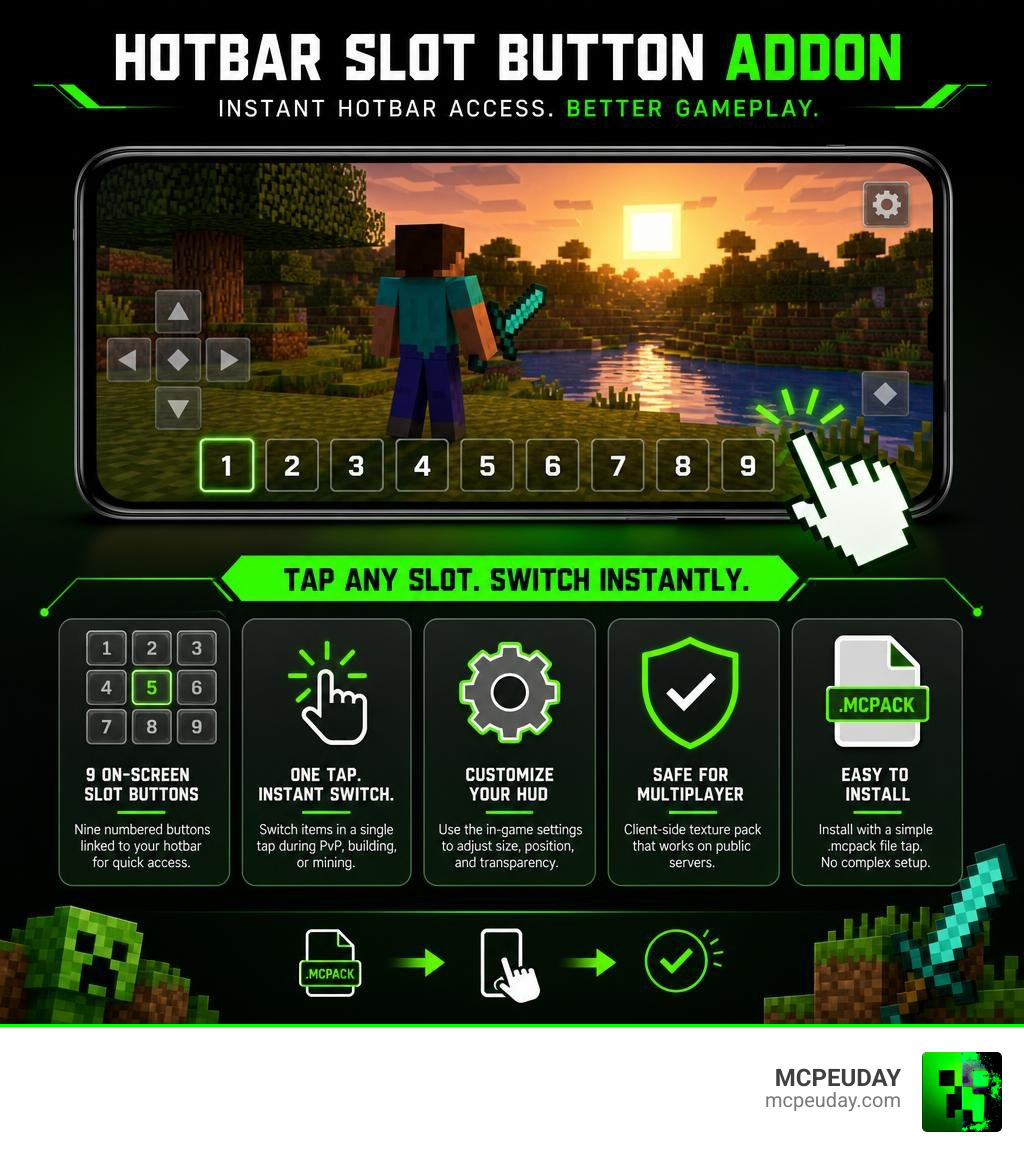 Infographic showing how Hotbar Slot Button ADDON improves mobile Minecraft gameplay with on-screen slot buttons infographic