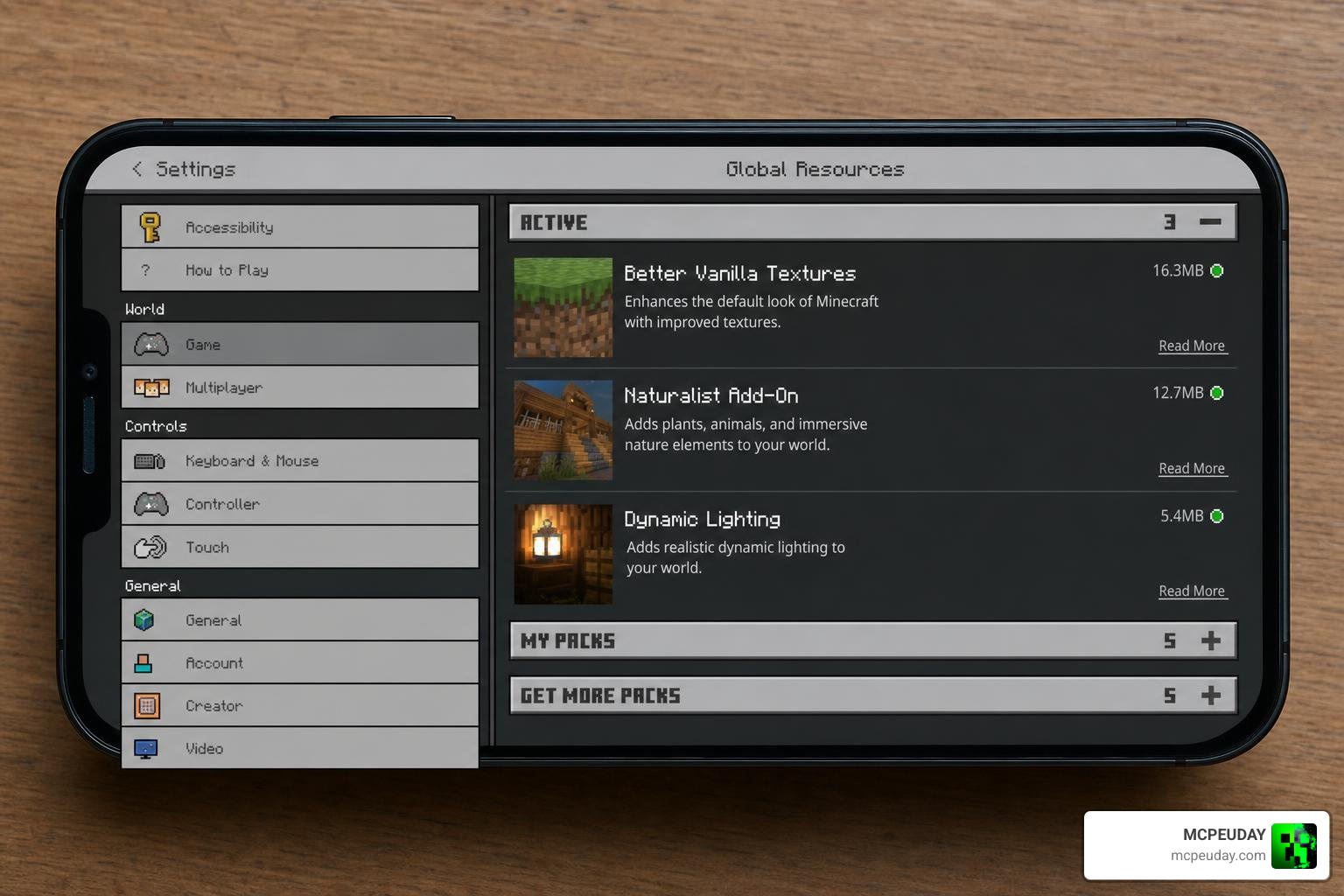 Minecraft Bedrock global resources settings menu