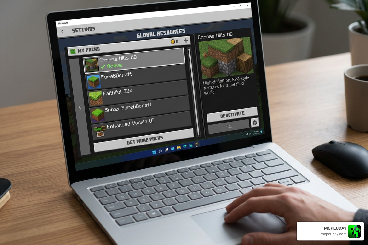 Minecraft Bedrock Global Resources screen with active texture packs Minecraft Bedrock Global Resources screen with active texture packs