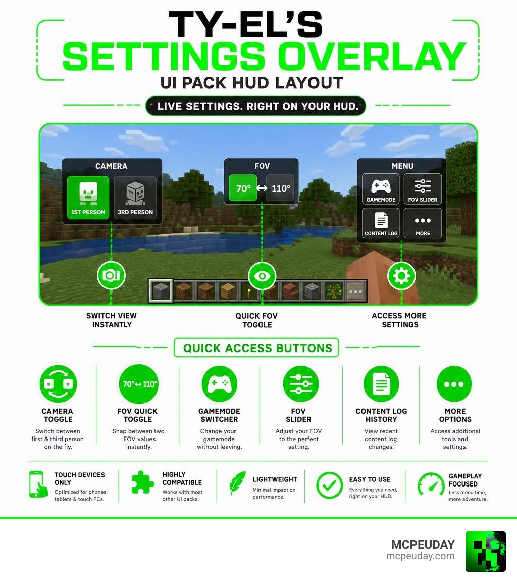 Infographic showing Ty-el's Settings Overlay UI Pack HUD layout features and quick access buttons infographic Infographic showing Ty-el's Settings Overlay UI Pack HUD layout features and quick access buttons infographic