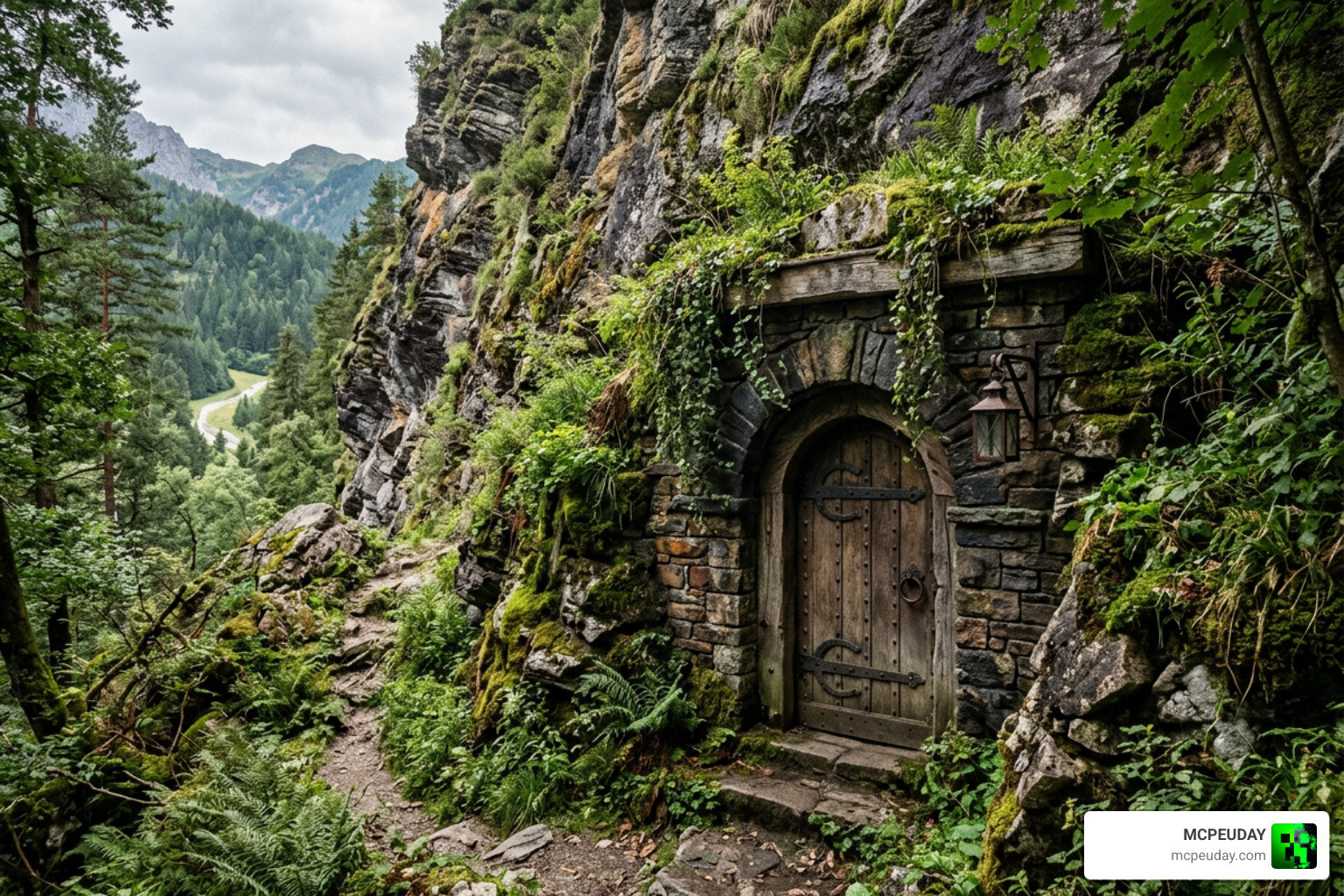 A hidden custom dungeon entrance built into the side of a mountain cliff