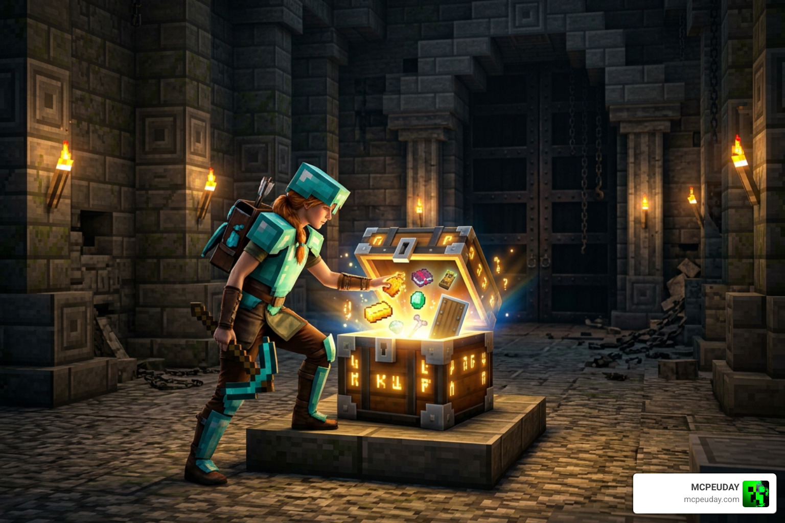 A player successfully looting a glowing chest at the end of a dungeon run