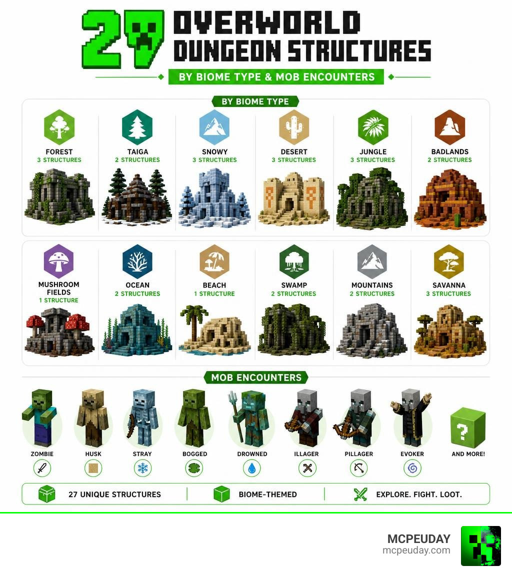 Infographic showing 27 Overworld dungeon structures by biome type and mob encounters infographic