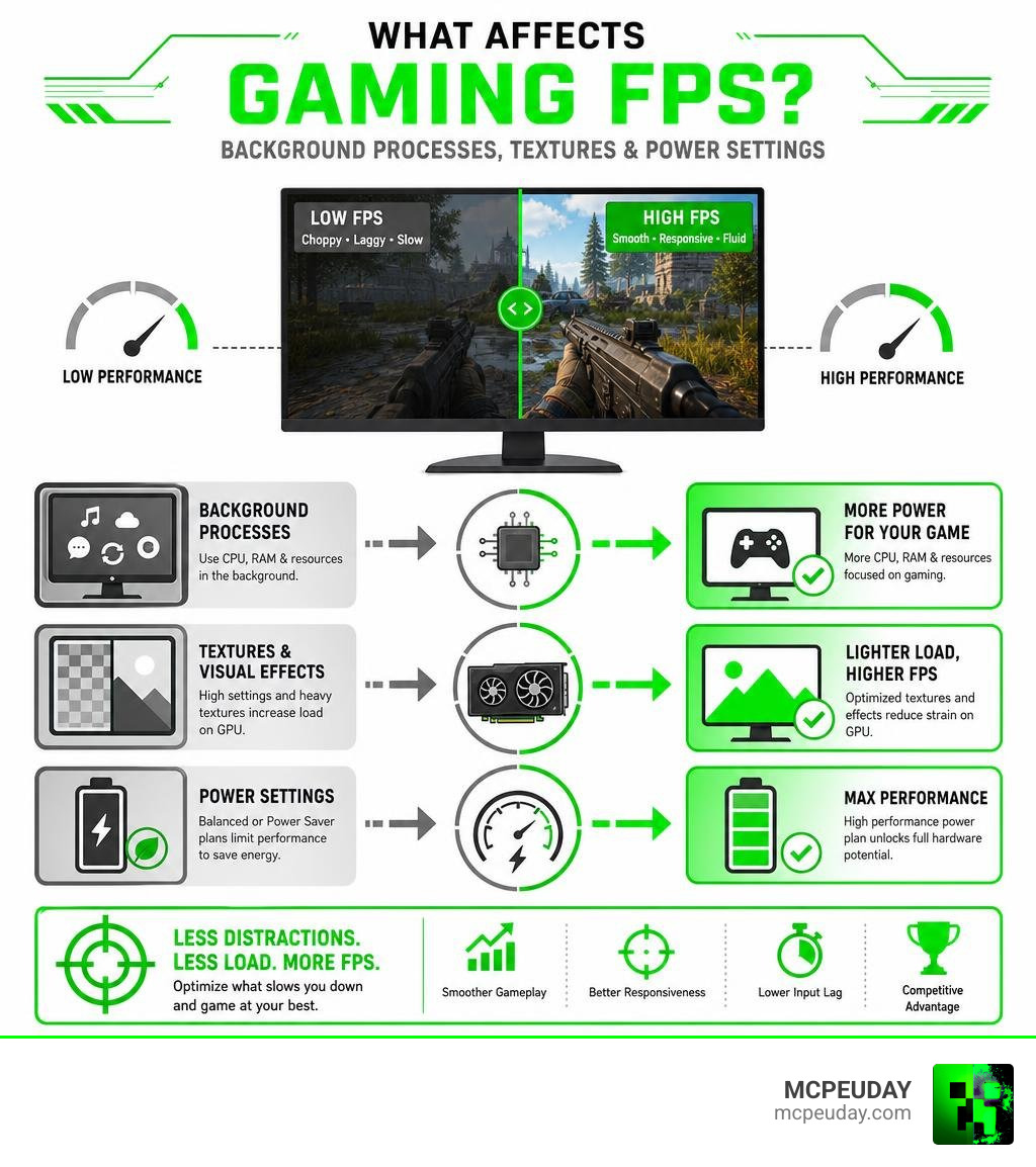 How background processes, textures, and power settings affect gaming FPS performance infographic How background processes, textures, and power settings affect gaming FPS performance infographic