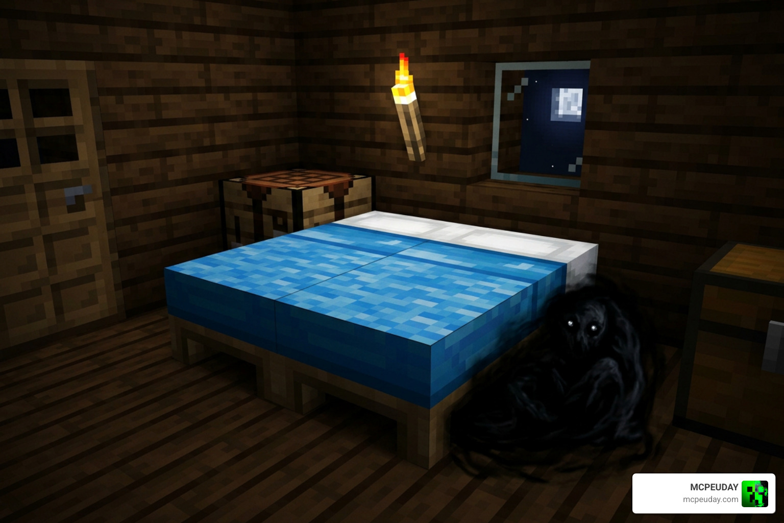 A terrifying Stalker entity hiding inside a player's bed A terrifying Stalker entity hiding inside a player's bed