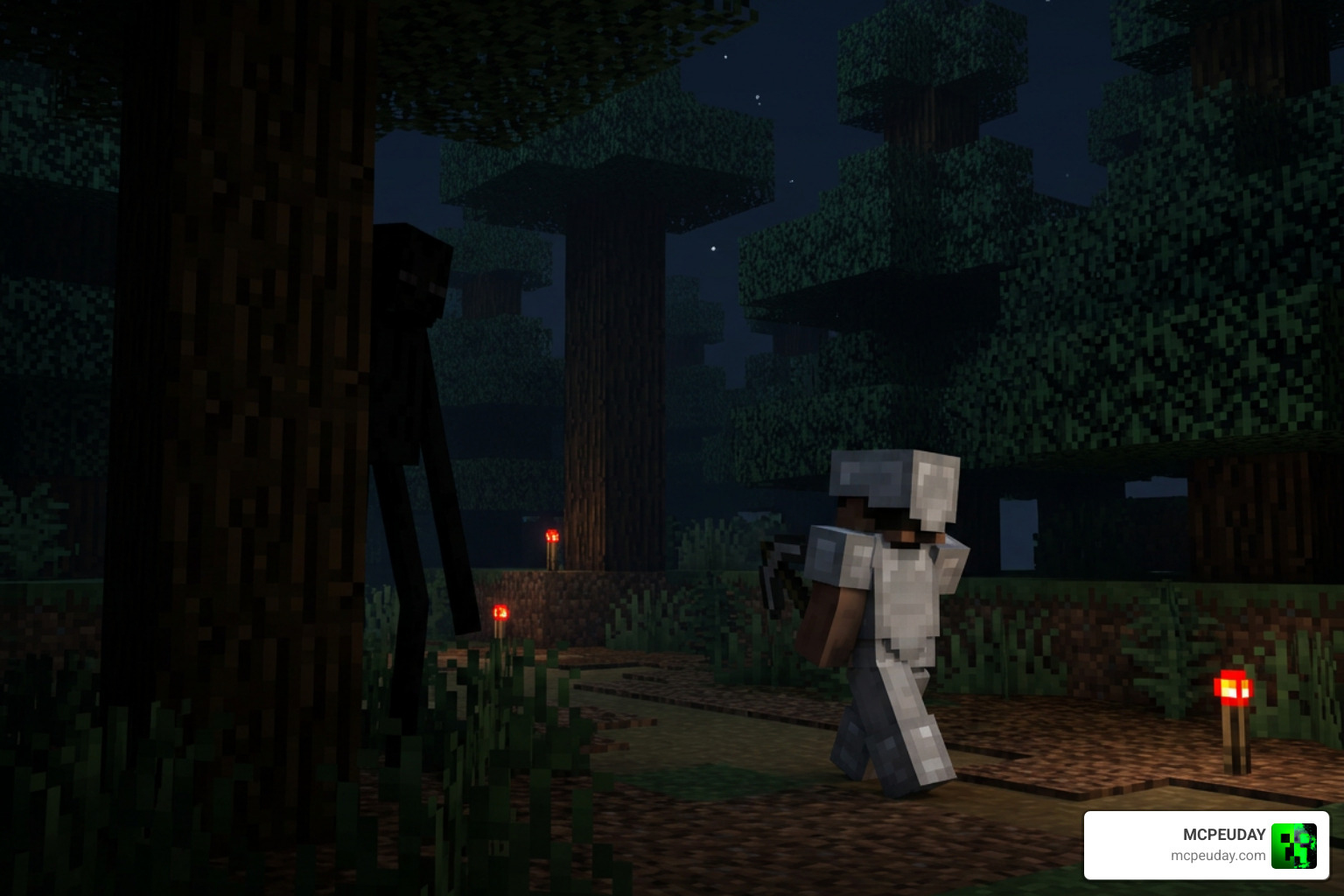 The Stalker entity watching the player from behind a tree The Stalker entity watching the player from behind a tree