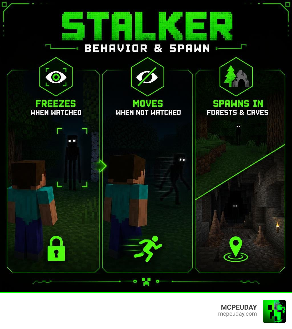 Infographic showing Stalker behavior: freezes when watched, moves when not, spawns in forests and caves infographic Infographic showing Stalker behavior: freezes when watched, moves when not, spawns in forests and caves infographic