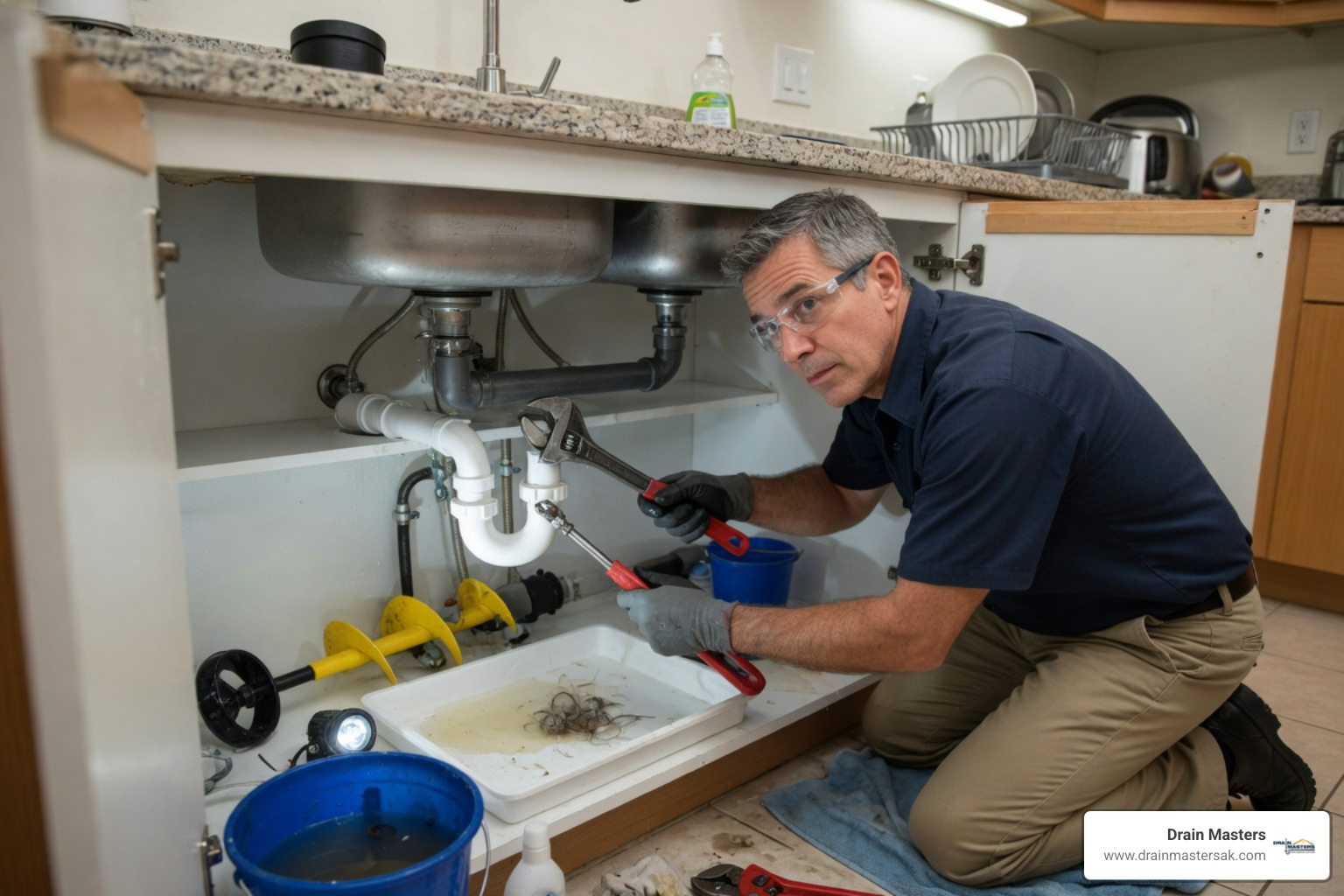 Professional plumber inspecting and unclogging a kitchen sink drain P-trap with tools