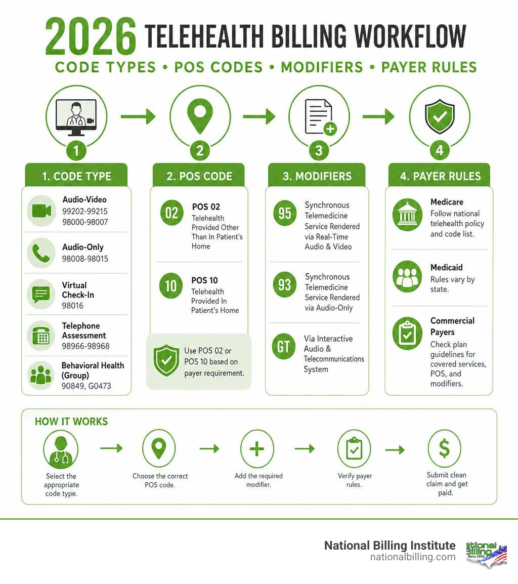 2026 telehealth billing workflow infographic: code types, POS codes, modifiers, payer rules infographic