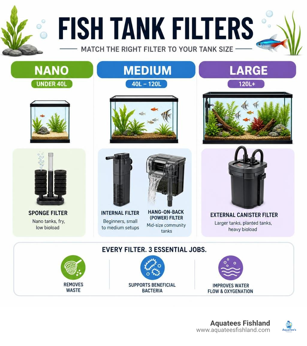 infographic comparing filter types for nano under 40L medium 40 to 120L and large 120L plus aquariums infographic