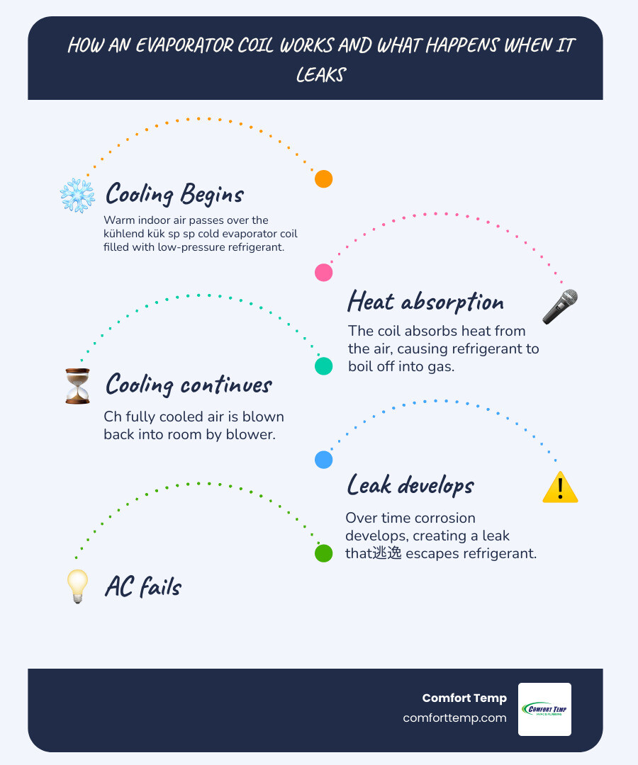 How an evaporator coil cools indoor air and what happens when it leaks refrigerant infographic How an evaporator coil cools indoor air and what happens when it leaks refrigerant infographic