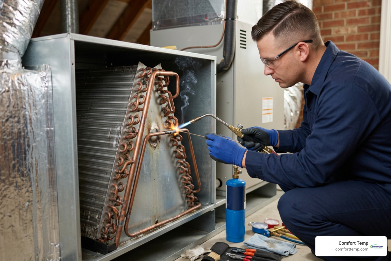 An experienced Comfort Temp HVAC & Plumbing technician in a dark blue uniform repairing an indoor evaporator coil in a An experienced Comfort Temp HVAC & Plumbing technician in a dark blue uniform repairing an indoor evaporator coil in a