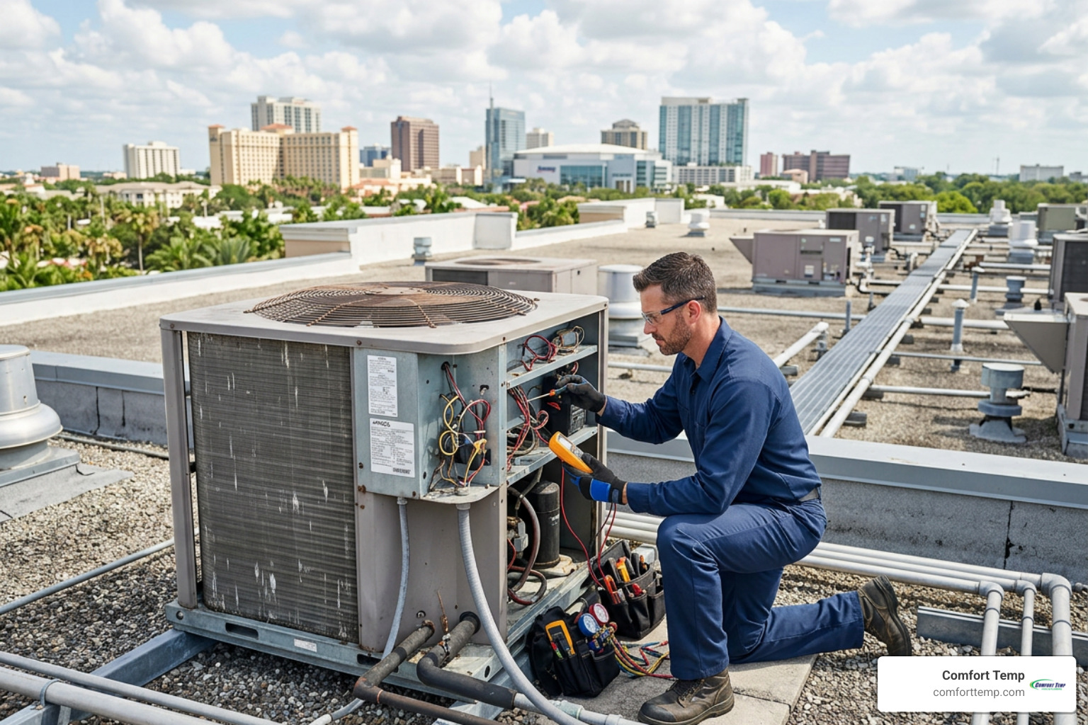 professional technician in a dark blue uniform with no visible logos inspecting a commercial rooftop unit professional technician in a dark blue uniform with no visible logos inspecting a commercial rooftop unit