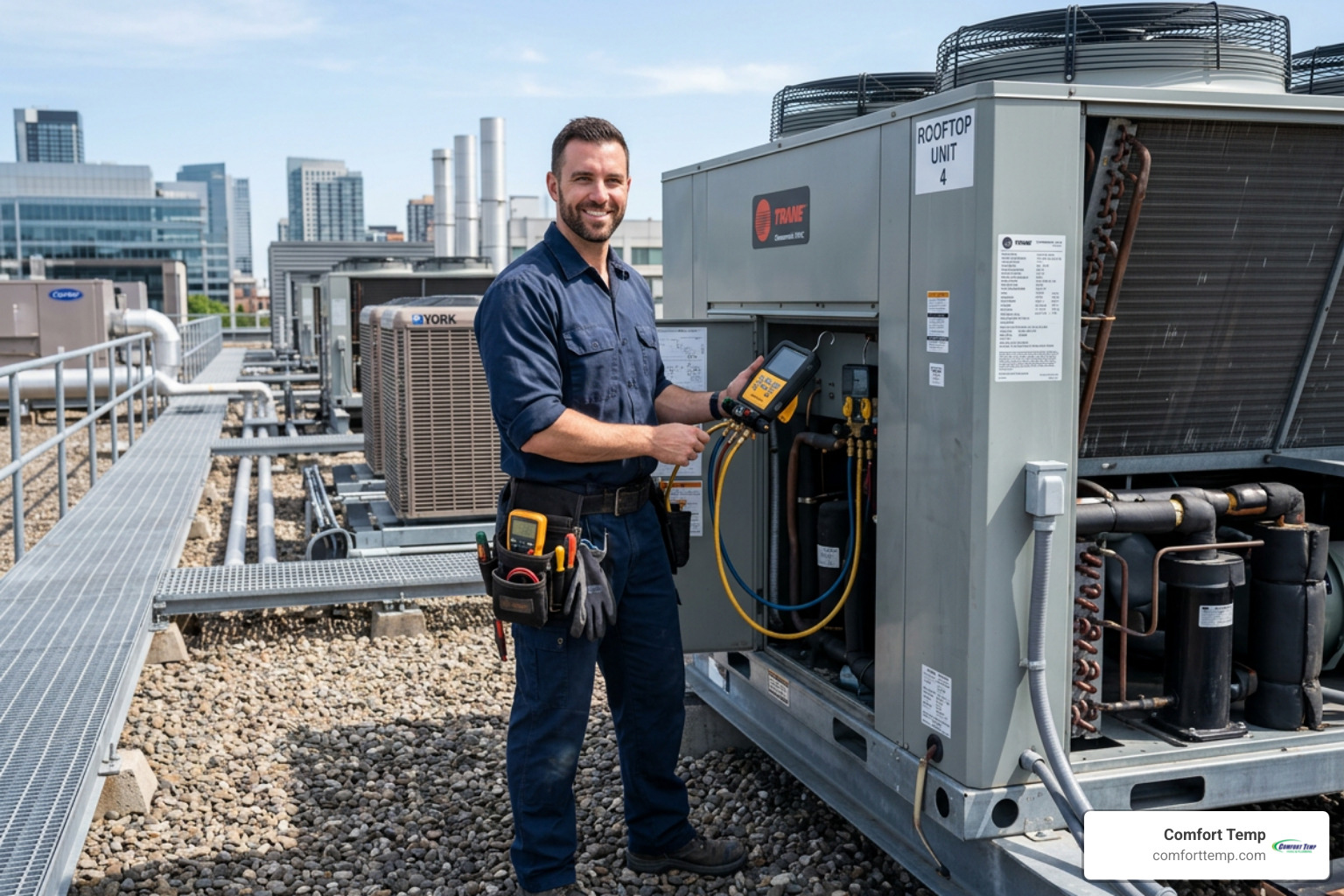 professional commercial HVAC technician in a dark blue uniform standing next to commercial AC units professional commercial HVAC technician in a dark blue uniform standing next to commercial AC units