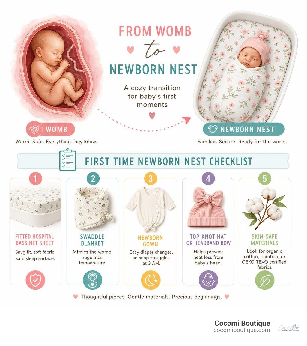 Infographic showing womb to newborn nest transition with checklist of nest components infographic