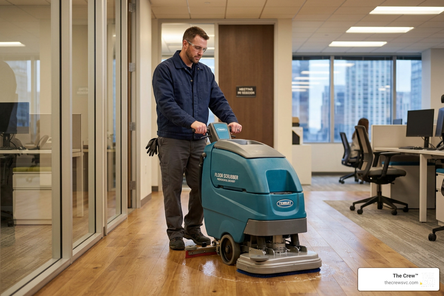 technician using a professional floor scrubber on commercial hardwood floors