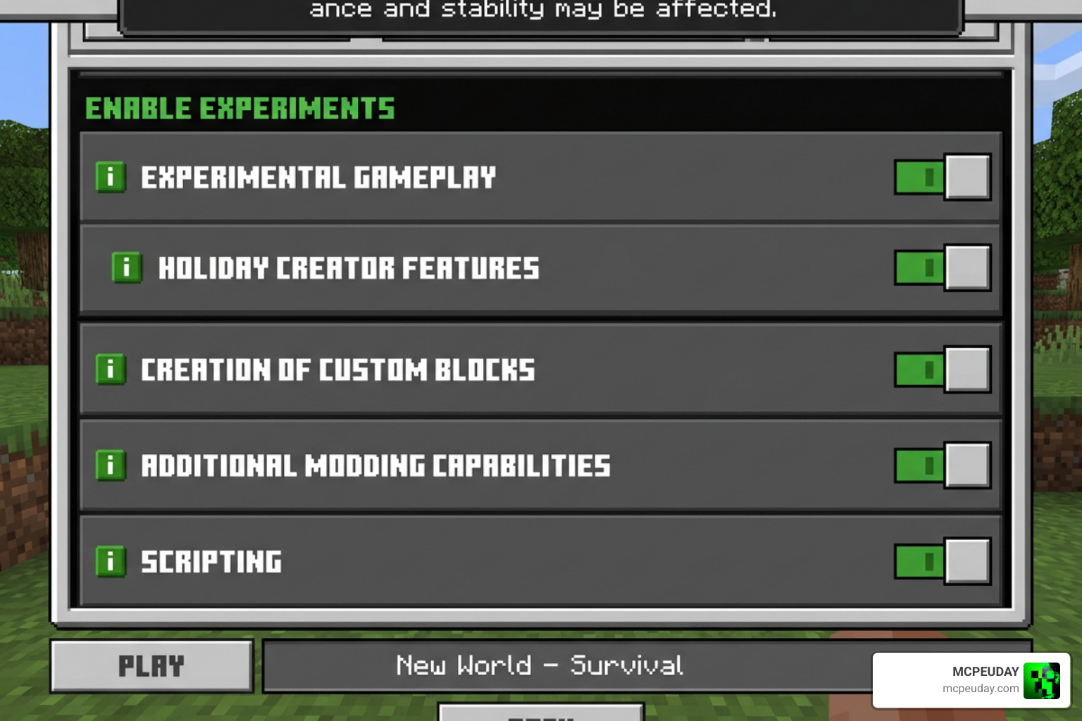 Minecraft Bedrock experimental toggle settings menu showing active toggles Minecraft Bedrock experimental toggle settings menu showing active toggles
