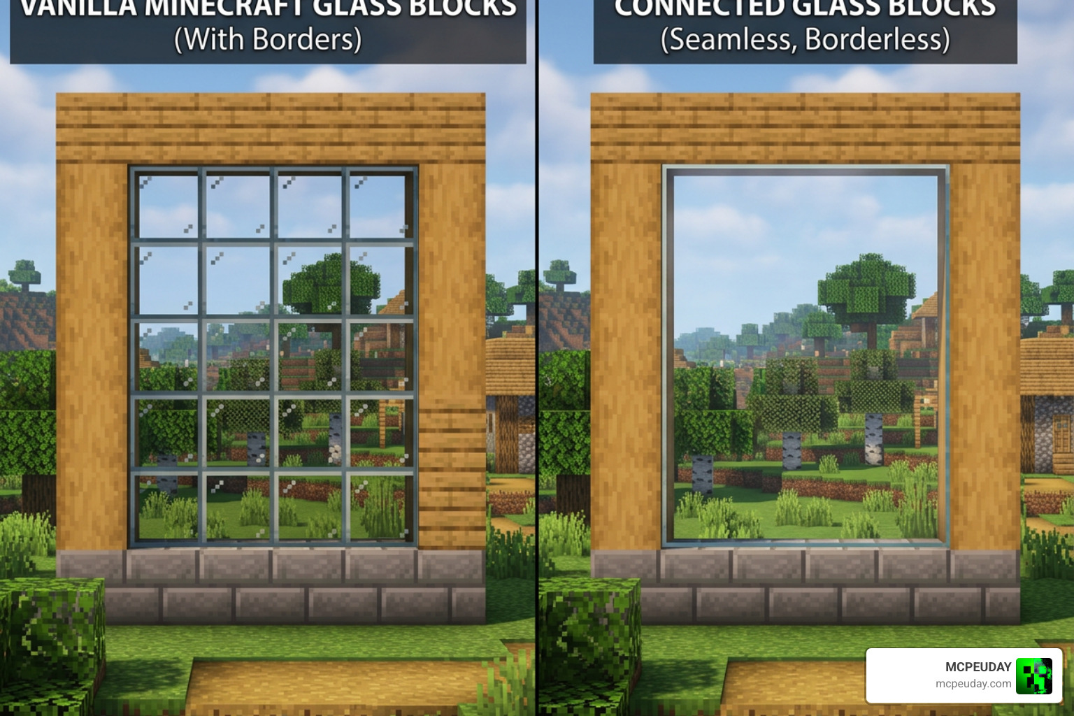 A visual comparison of connected glass blocks versus vanilla glass blocks A visual comparison of connected glass blocks versus vanilla glass blocks