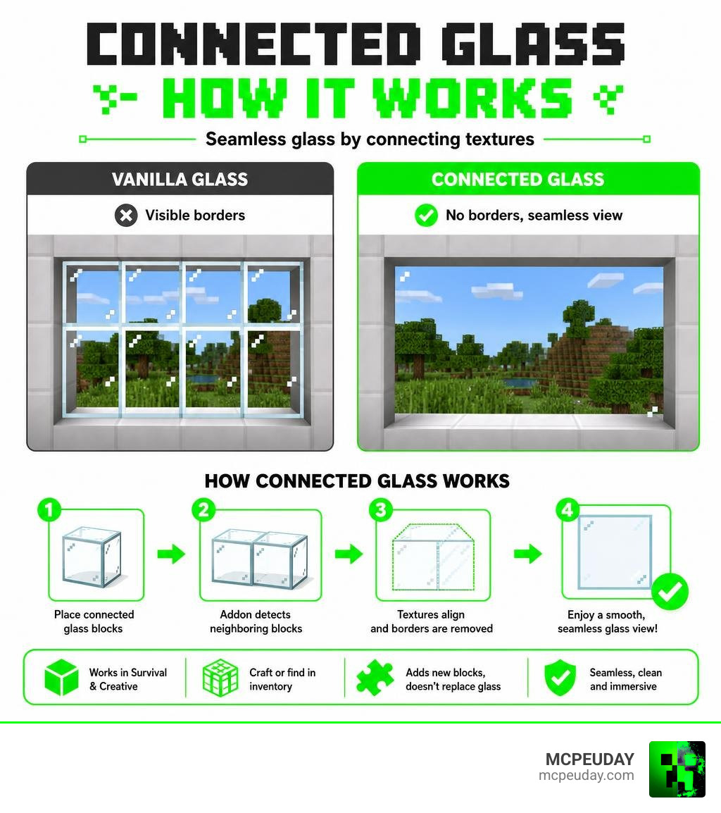 Infographic showing how connected glass textures align and eliminate block boundaries in Minecraft Bedrock infographic Infographic showing how connected glass textures align and eliminate block boundaries in Minecraft Bedrock infographic