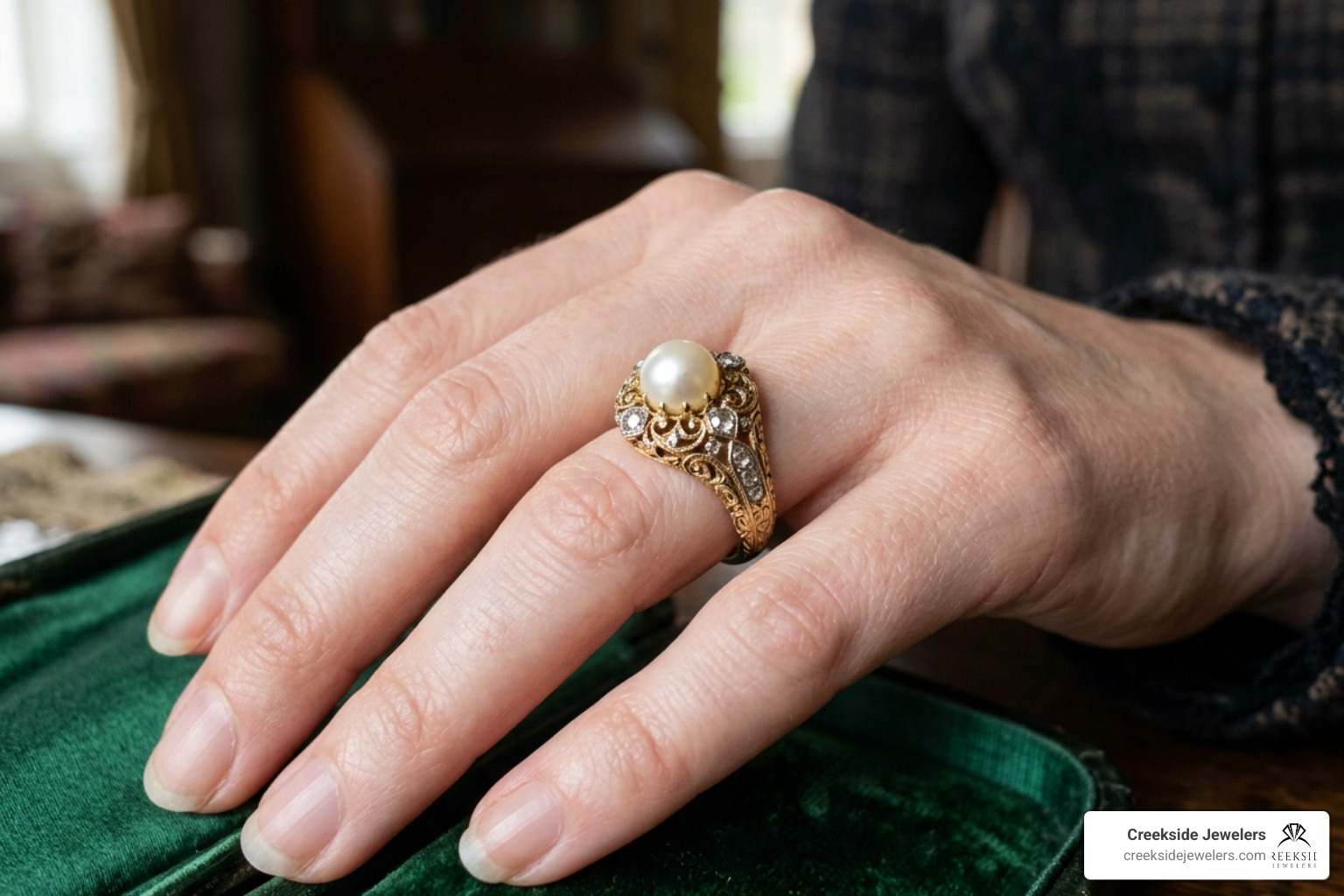 Victorian era pearl engagement ring with intricate gold detailing