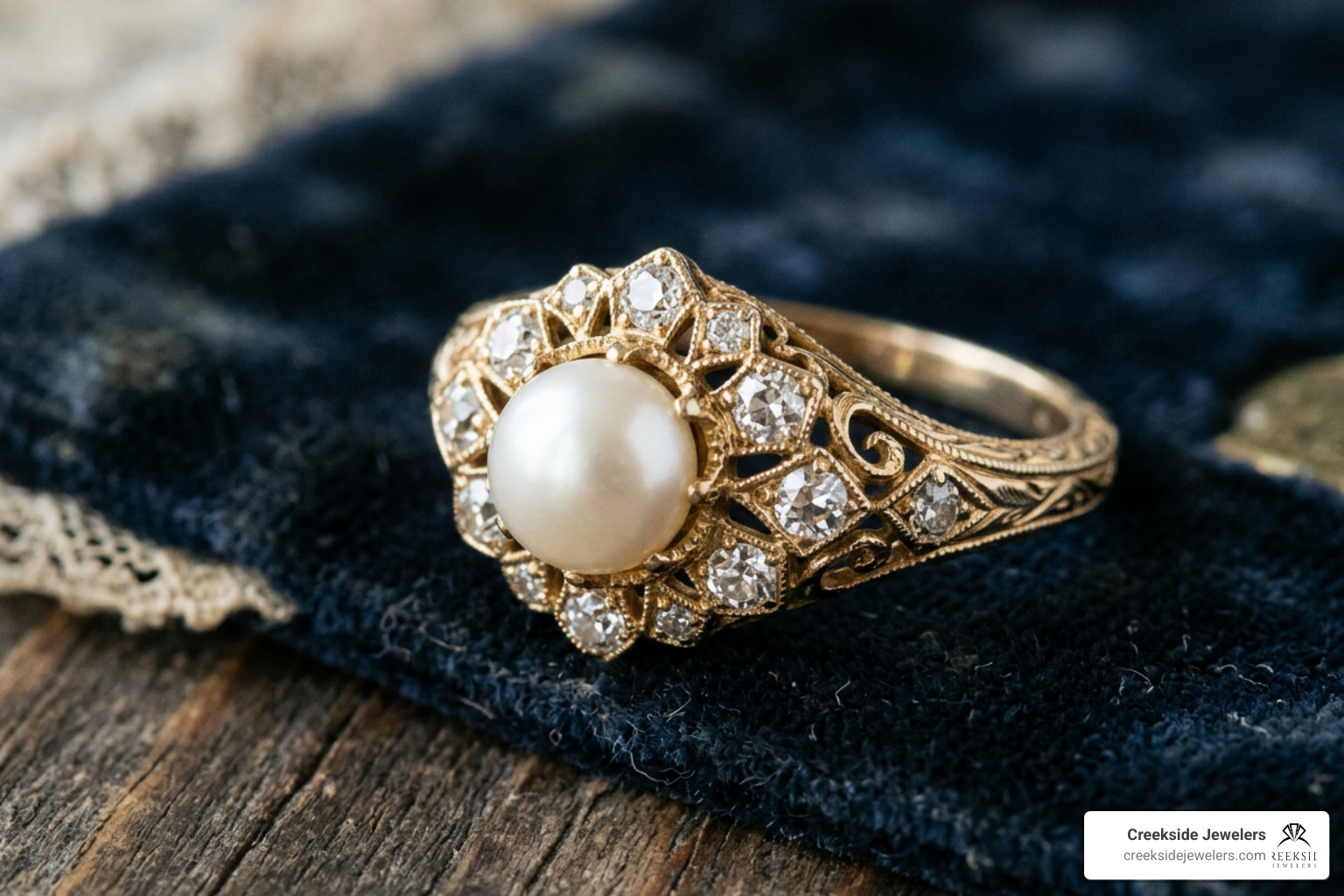 Classic estate pearl ring featuring old European cut diamond accents