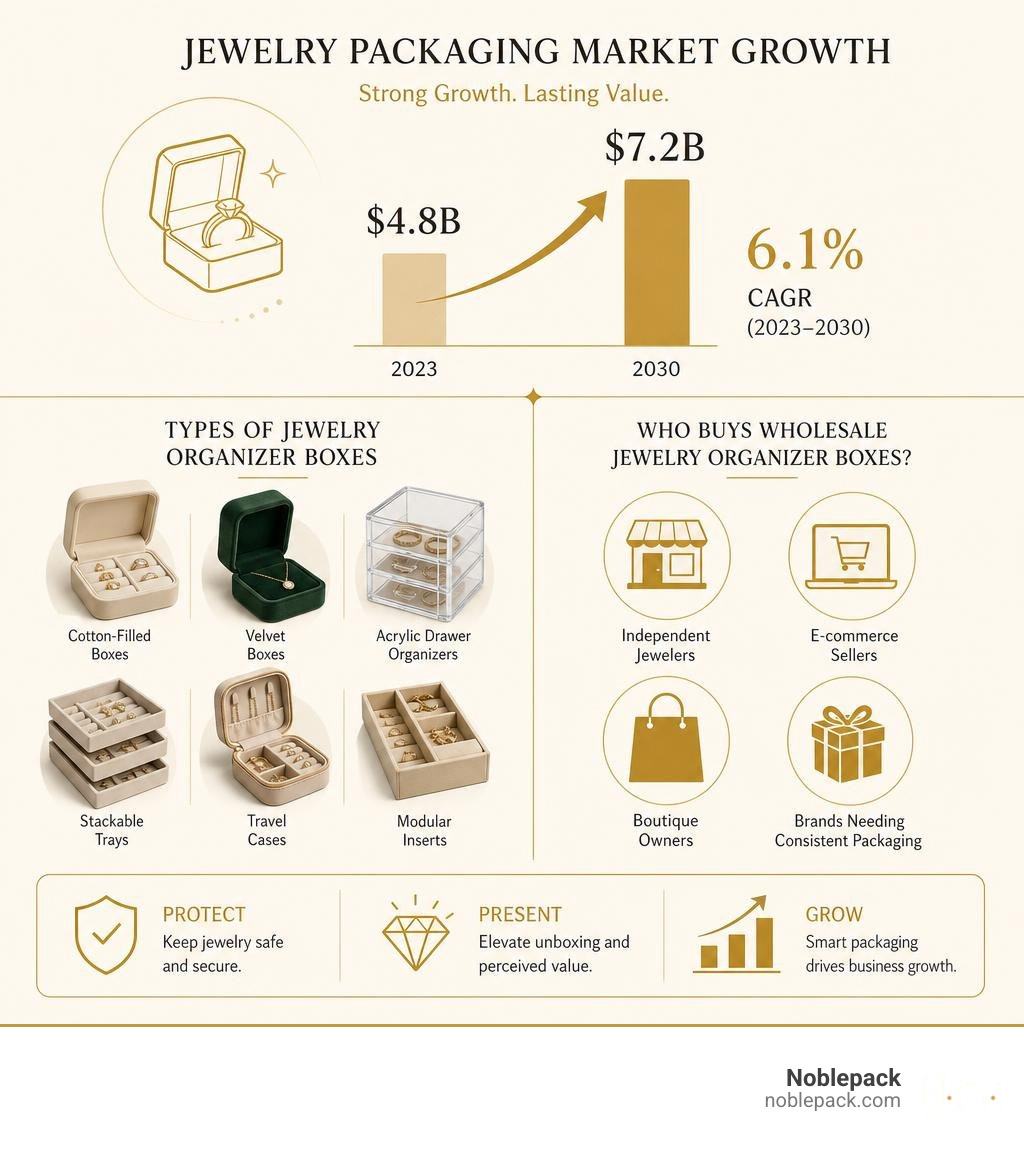 Jewelry packaging market growth from $4.8B in 2023 to $7.2B in 2030, types and wholesale buyer segments infographic Jewelry packaging market growth from $4.8B in 2023 to $7.2B in 2030, types and wholesale buyer segments infographic
