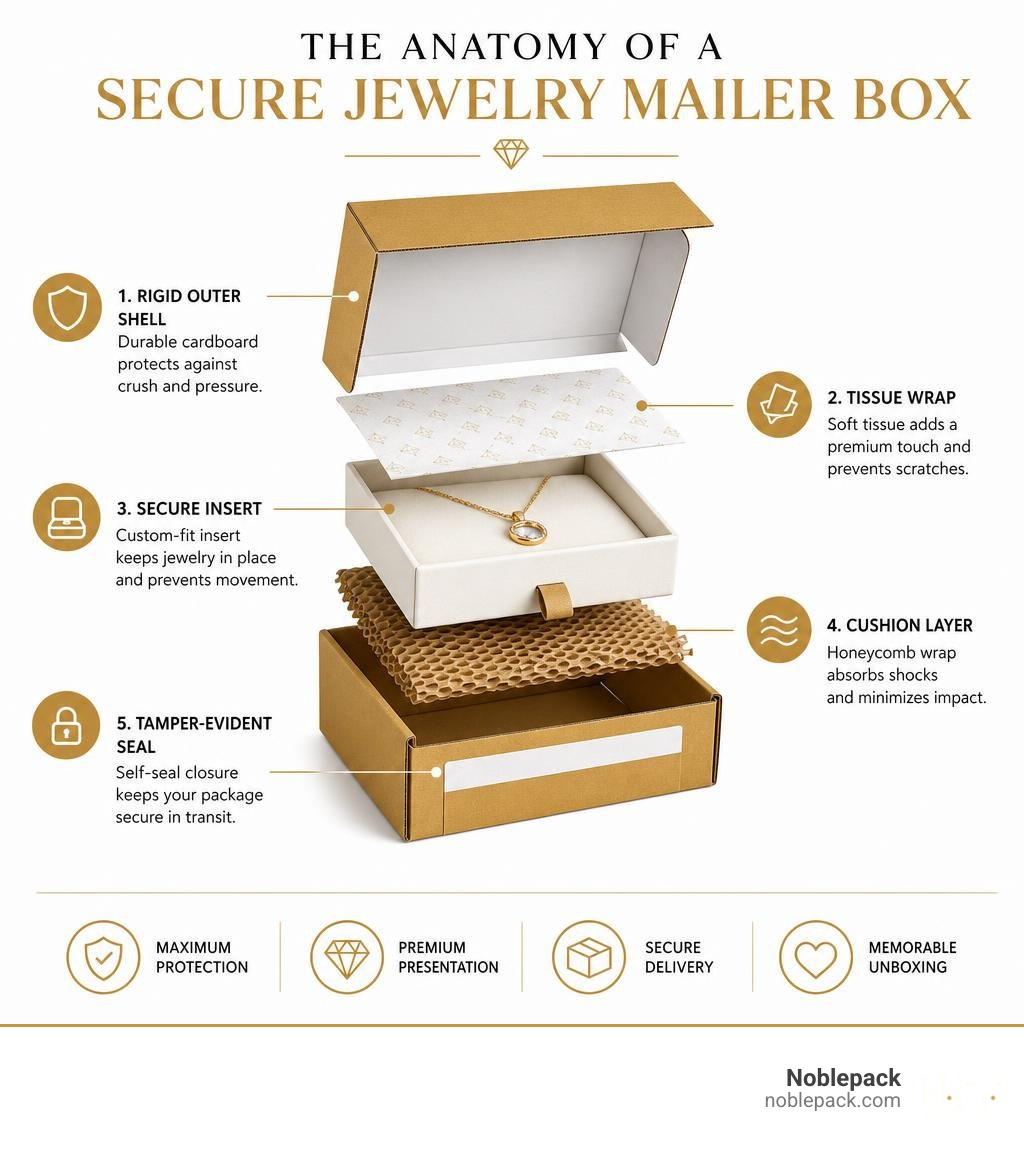 Infographic showing the anatomy of a secure jewelry mailer box with labeled parts infographic Infographic showing the anatomy of a secure jewelry mailer box with labeled parts infographic