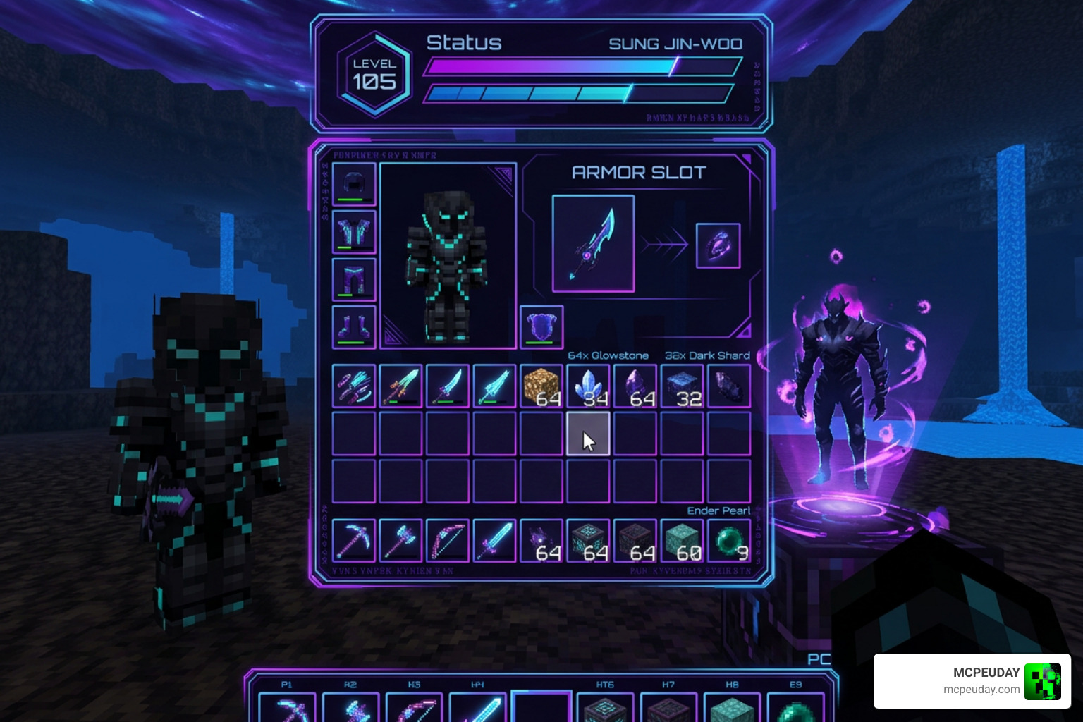 Custom hotbar and container menus with a glowing purple Solo Leveling theme Custom hotbar and container menus with a glowing purple Solo Leveling theme
