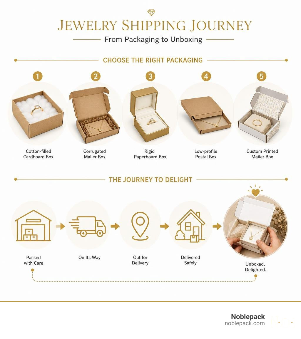 Infographic showing jewelry shipping journey from packaging types to delivery and unboxing experience infographic