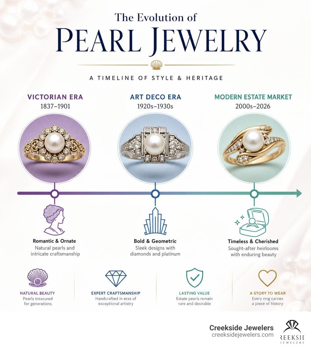 Timeline infographic showing history of pearl jewelry from Victorian era through Art Deco to modern estate market infographic