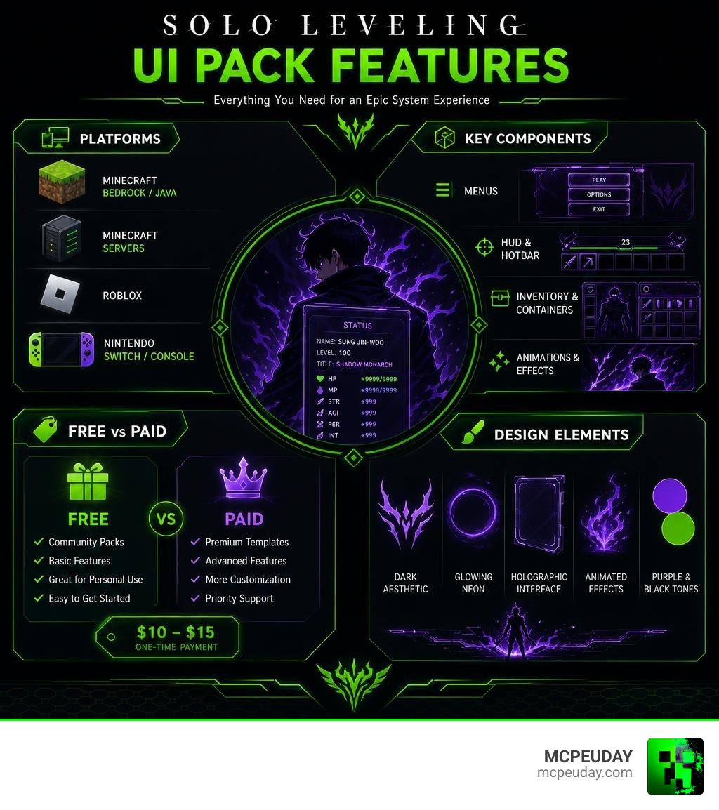 Solo Leveling UI Pack features infographic: platforms, key components, free vs paid, and design elements infographic Solo Leveling UI Pack features infographic: platforms, key components, free vs paid, and design elements infographic