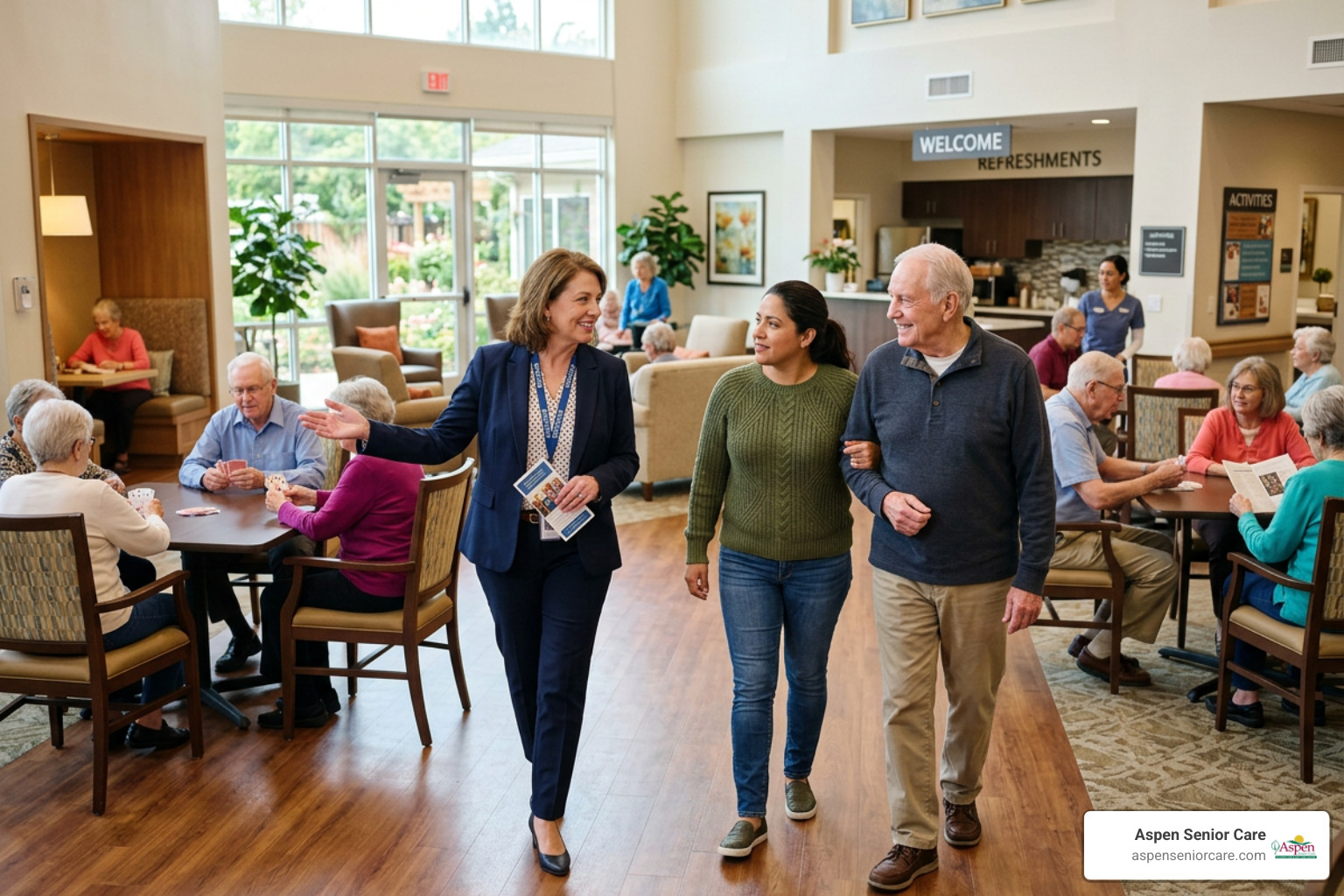 A family caregiver touring a spacious, well-lit senior day care facility with a director