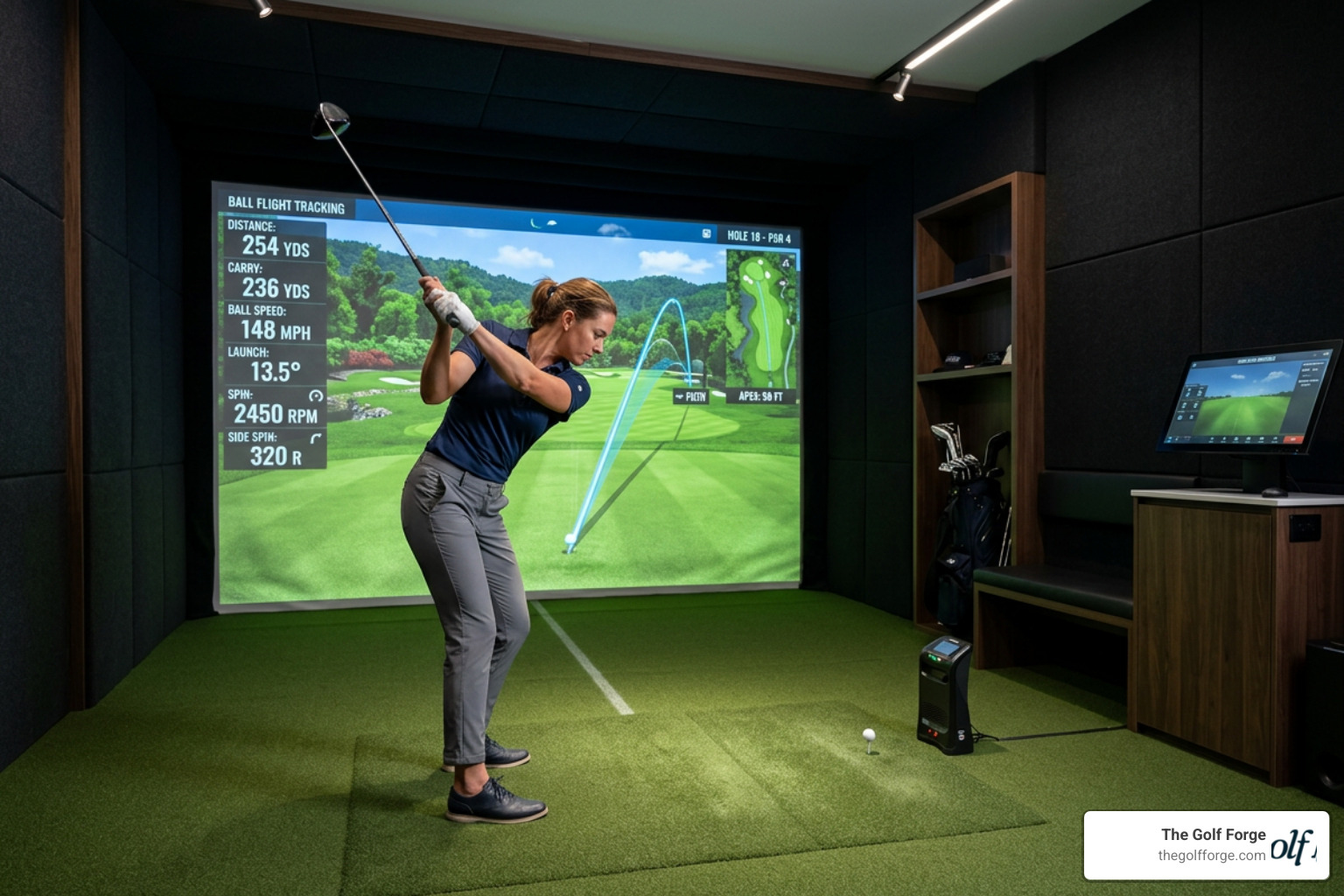 Golfer swinging in a private simulator bay with advanced flight tracking
