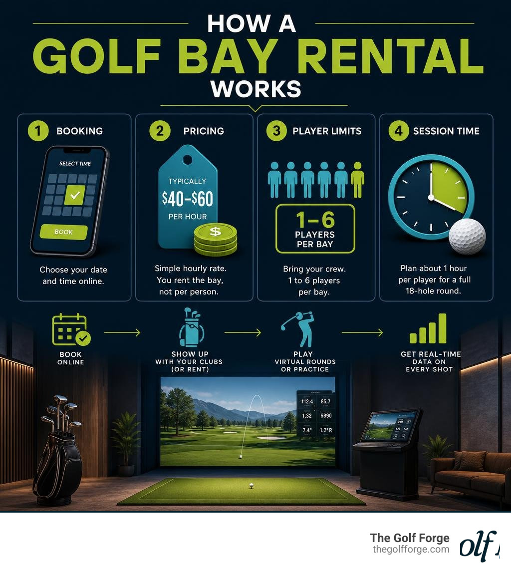 How a golf bay rental works: booking, pricing, player limits, and session time infographic
