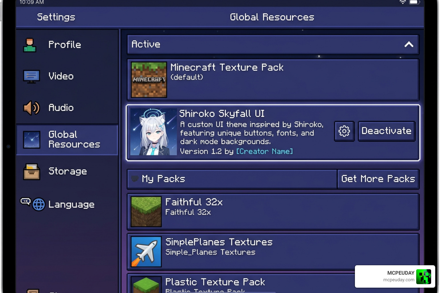 Minecraft Bedrock settings screen showing active resource packs Minecraft Bedrock settings screen showing active resource packs