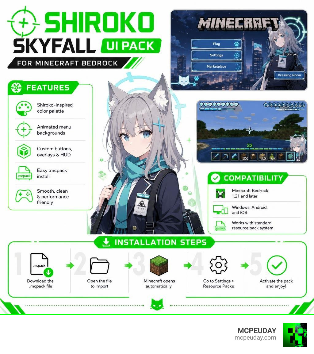 Infographic showing Shiroko Skyfall UI Pack features, compatibility, and install steps for Minecraft Bedrock infographic Infographic showing Shiroko Skyfall UI Pack features, compatibility, and install steps for Minecraft Bedrock infographic