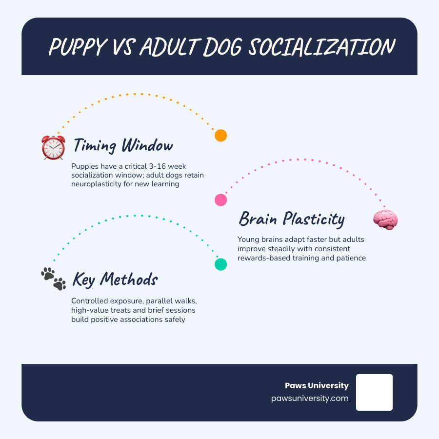 Infographic comparing puppy vs adult dog socialization: window timing, brain plasticity, timeline, and key methods Infographic comparing puppy vs adult dog socialization: window timing, brain plasticity, timeline, and key methods